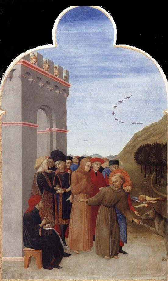 15th-century panel painting of Francis of Assisi reaching toward a wolf outside a medieval city gate, with townspeople looking on