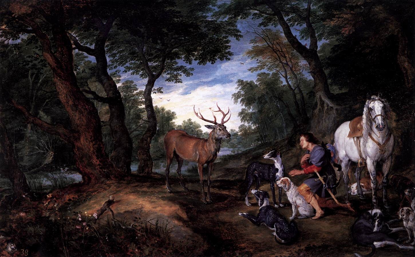 17th-century oil painting of a forest hunting scene, with a stag, several hunting hounds, and a man kneeling beside a white horse