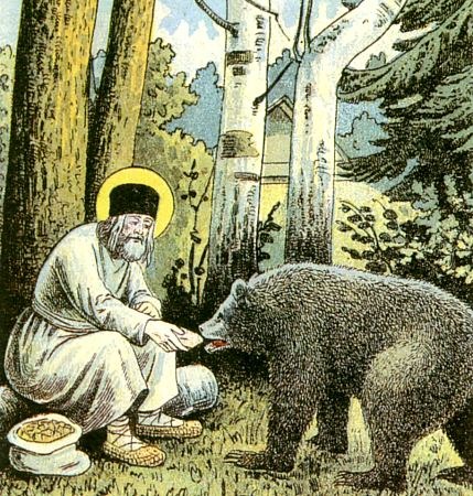 Colour illustration of an elderly kneeling monk feeding a brown bear by hand at the edge of a forest